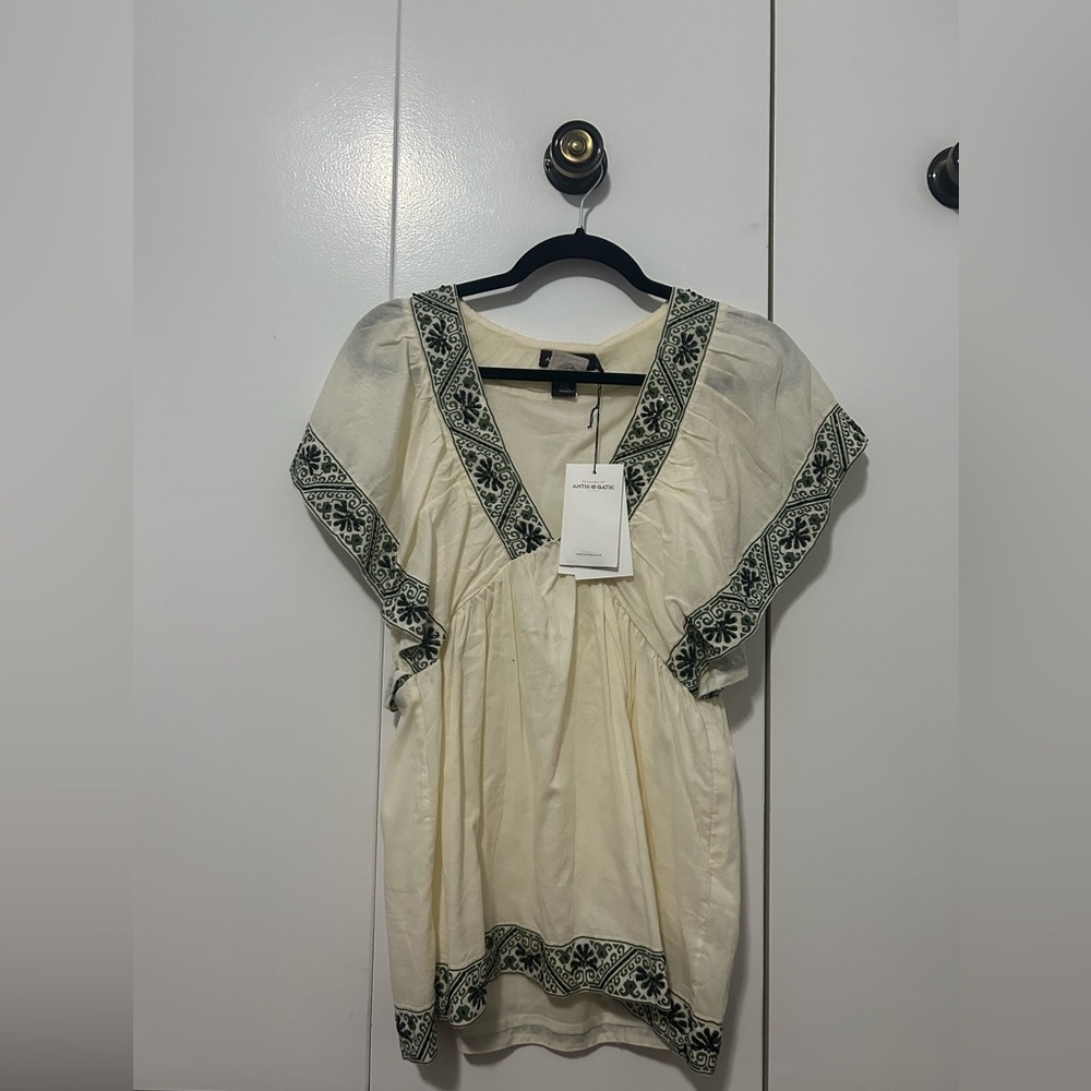 Antik Batik Cream & Green Embroidered and Black Sequin Volga Top